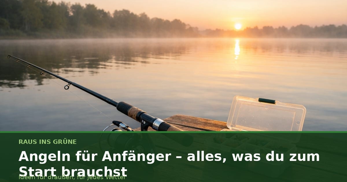 Angelrute mit Rolle und kleine Tacklebox auf Holzsteg am See bei Sonnenaufgang