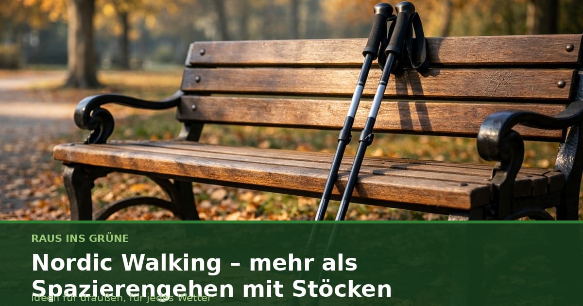 Zwei Walkingstöcke lehnen an einer Parkbank im herbstlichen Sonnenlicht.
