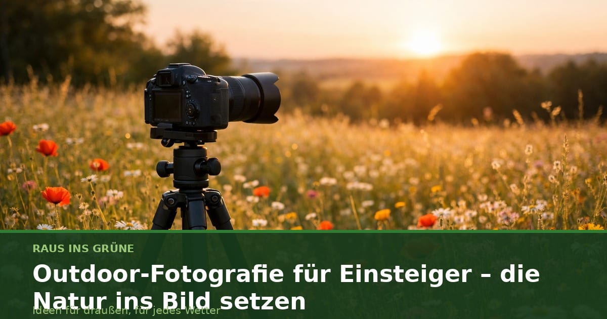 Kamera auf Stativ in blühender Wiese bei goldenem Abendlicht.