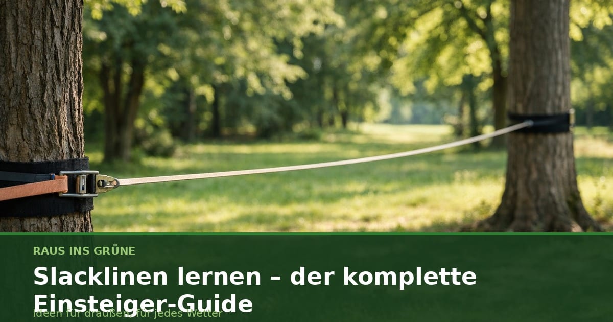 Slackline zwischen zwei Bäumen in einem grünen Park, Seitenansicht bei Tageslicht